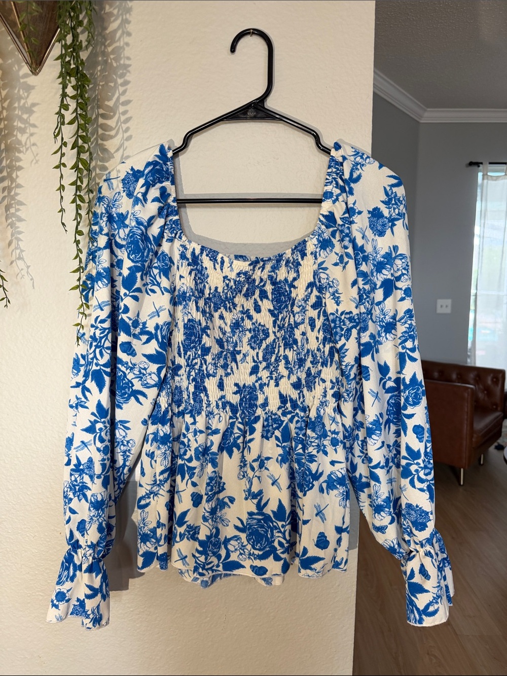 Blue Floral Smocked Long-Sleeve Peasant Top
